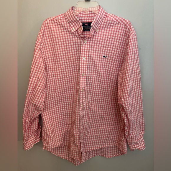 Vineyard Vines Mens Whale Shirt Sz L Pink White Gingham Check Oxford 100% Cotton - Picture 1 of 3